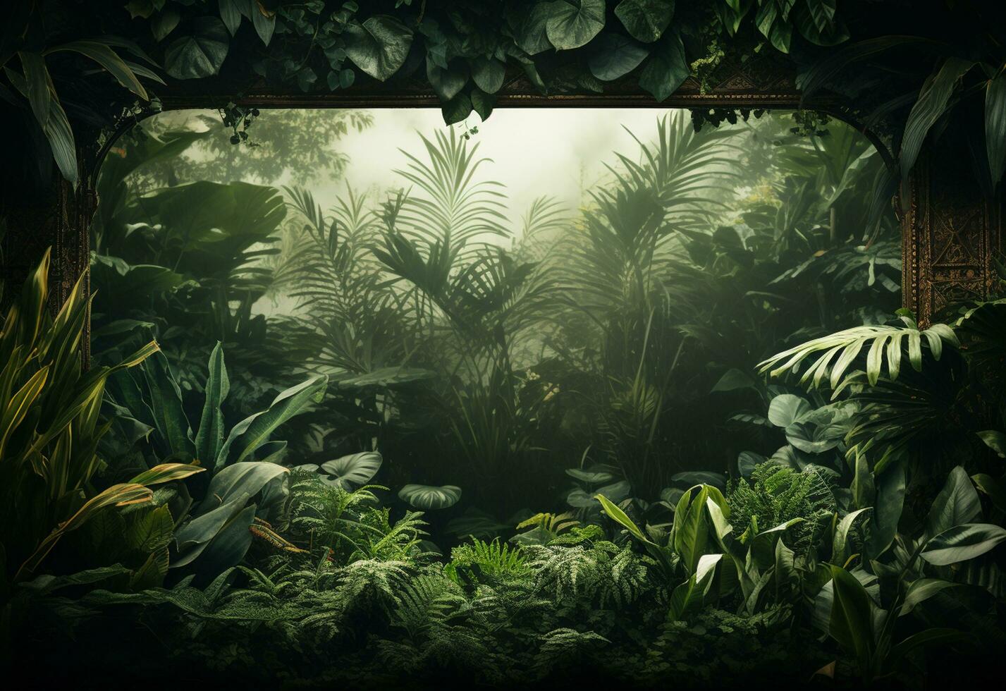 Ai Generative Beautiful jungle background with border made of tropical leaves backdrop with copy space photo