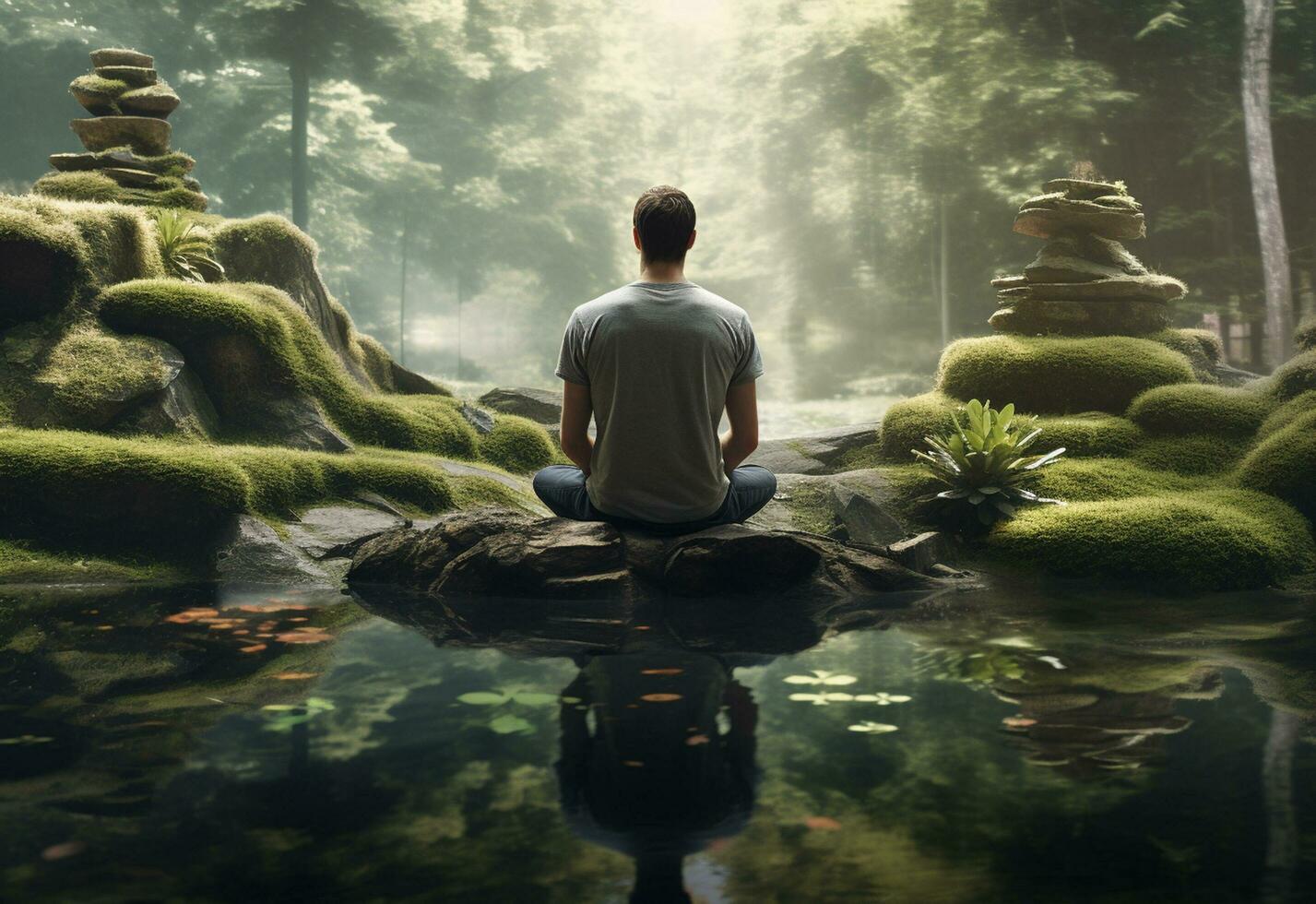 ai generative photo of a man practicing mindfulness and meditation in a peaceful natural environment sony A7s realistic image, ultra hd, high design very detailed