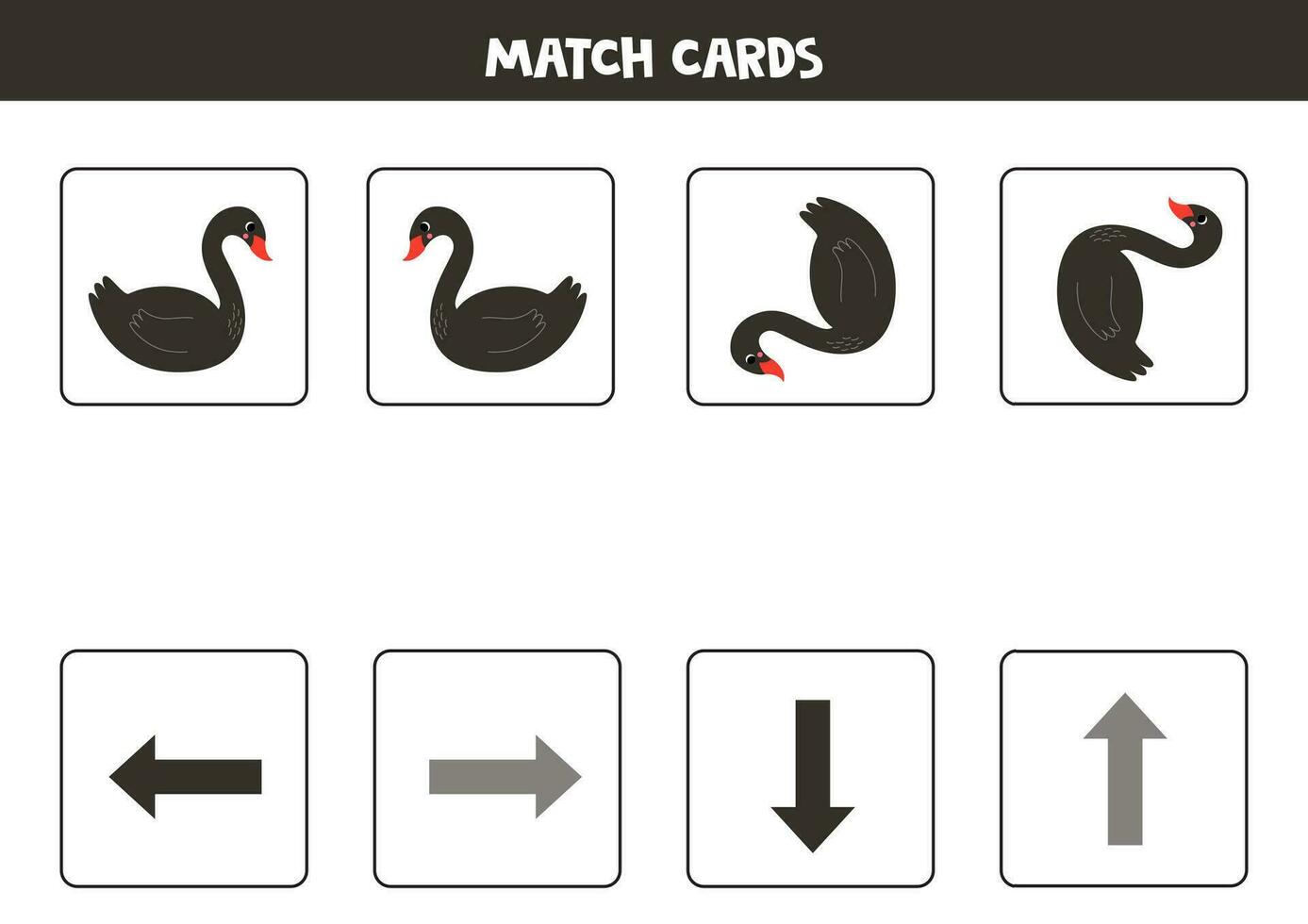 Left, right, up or down. Spatial orientation with cute black swan. vector