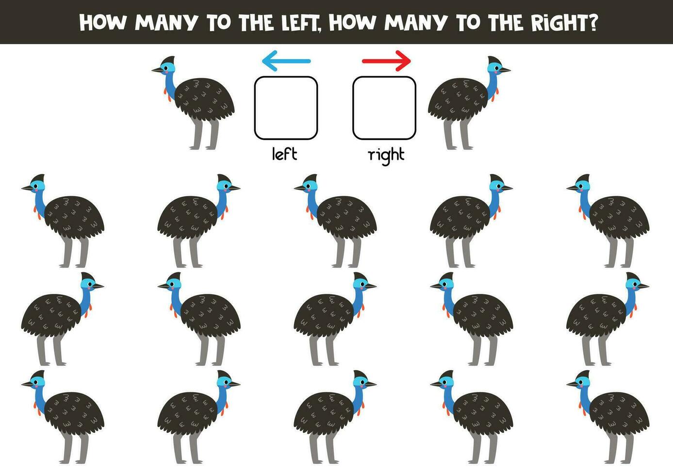 Left or right with cute cartoon cassowary bird. Logical worksheet for preschoolers. vector