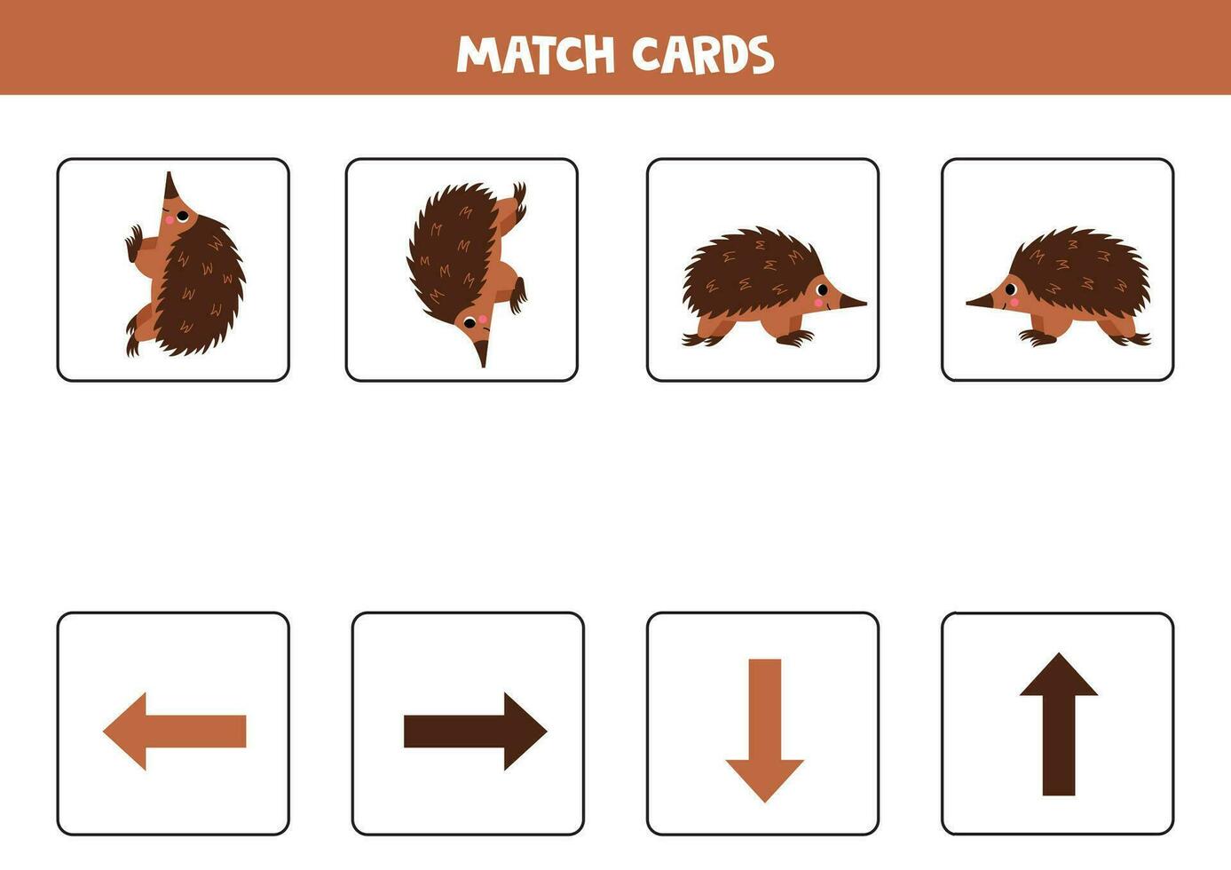 Left, right, up or down. Spatial orientation with cute brown echidna. vector