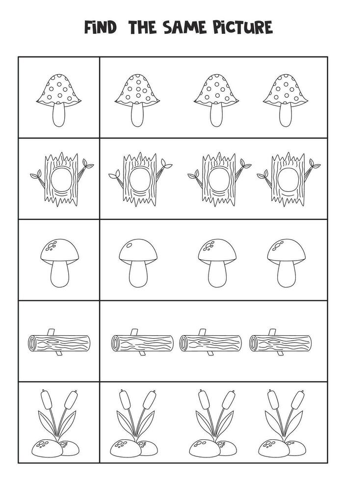 Find two the same woodland elements. Black and white worksheet. vector