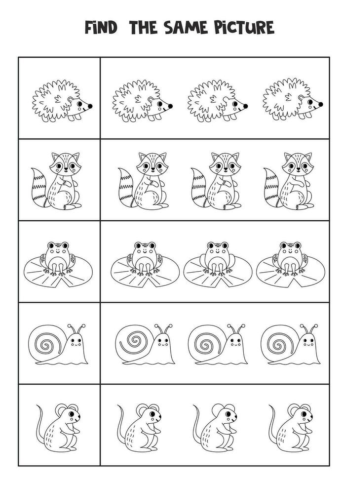 Find two the same woodland animals. Black and white worksheet. vector