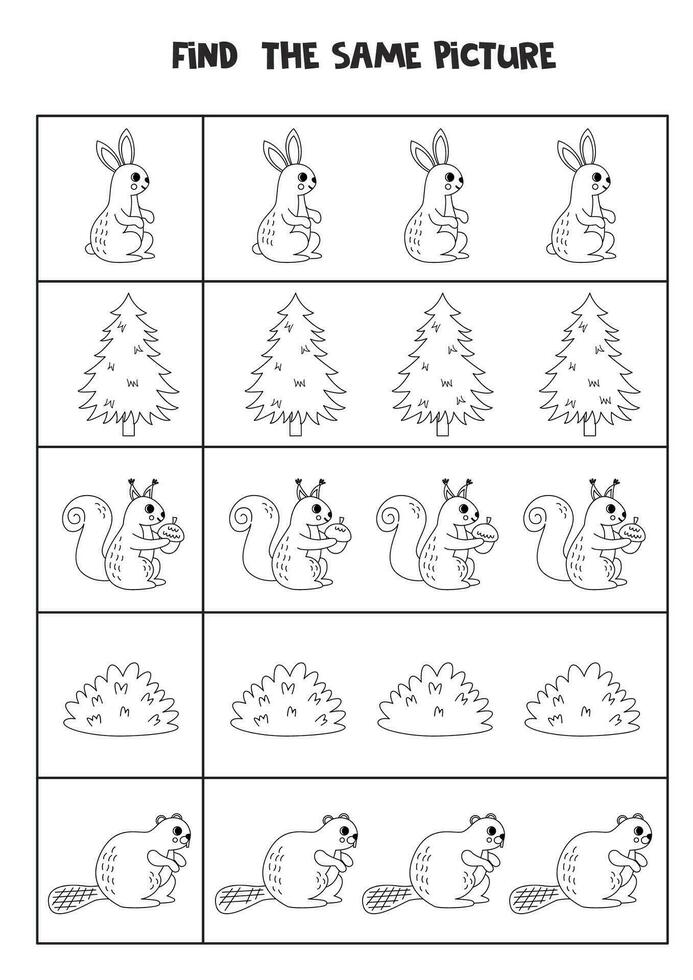 Find two the same woodland animals. Black and white worksheet. vector