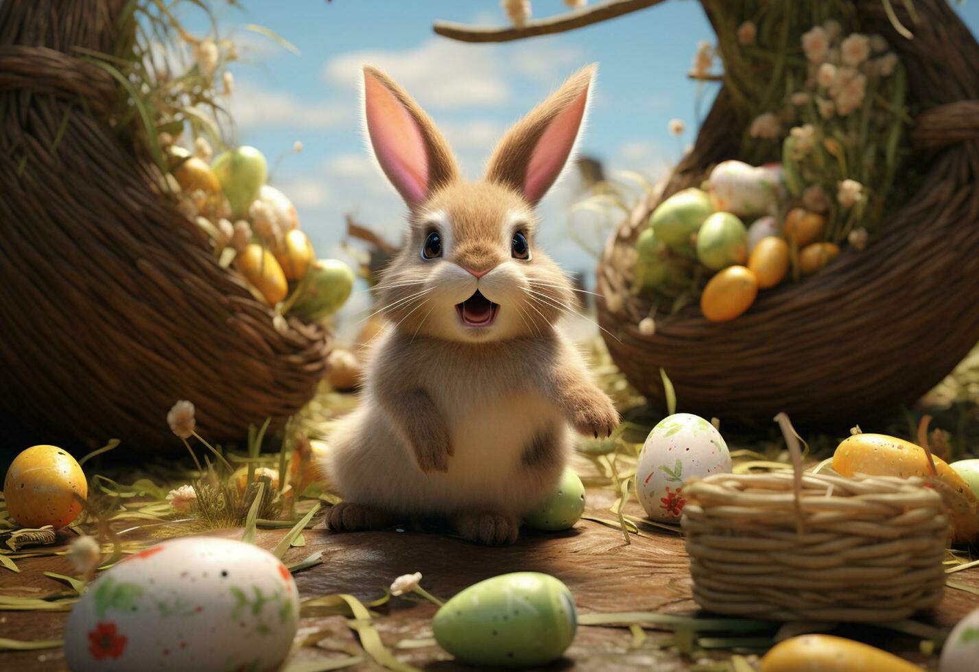 Ai generative photo happy bunny with many easter eggs on grass festive background for decorative design