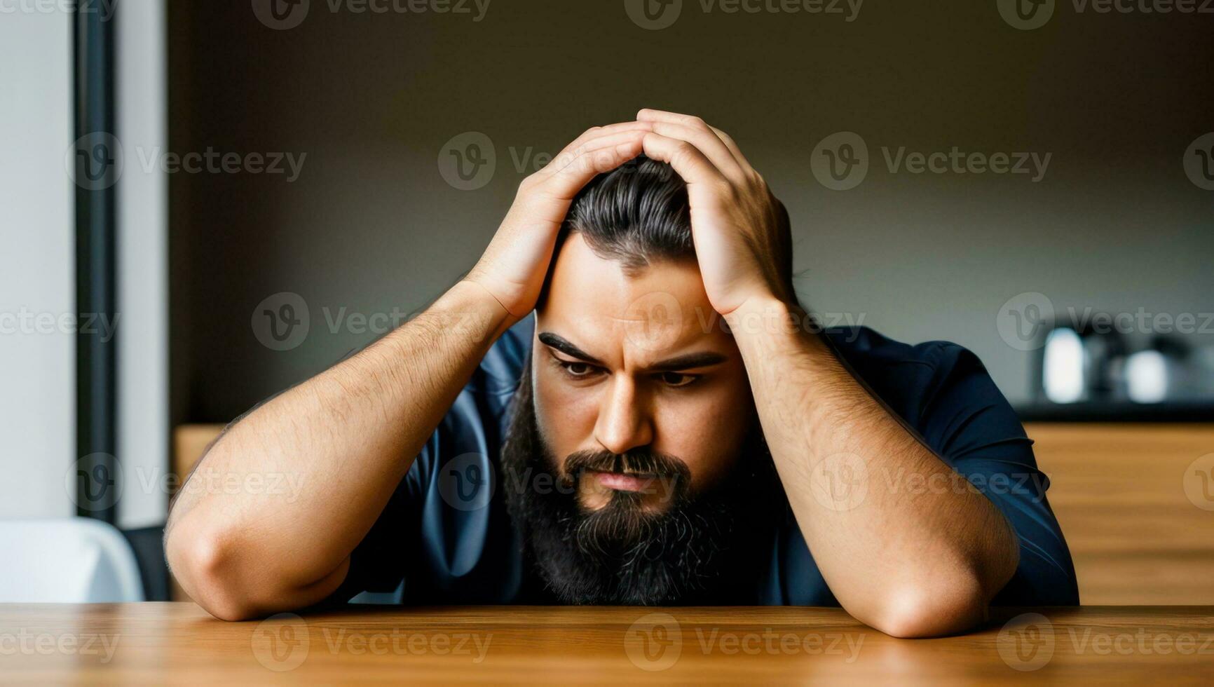 Sad man sit at table, touch forehead feels confused has business or computer problems. Bad news problems concept. Bad news concept. Generative AI photo
