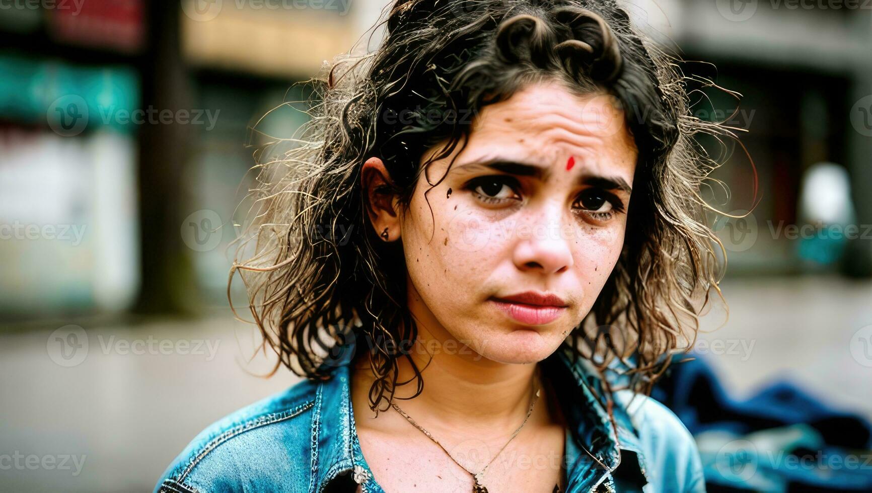 Portrait of homeless young girl is sitting on the road of abandoned wet street, suffering from crisis, poverty, loneliness. Cinematic view. Generative AI photo