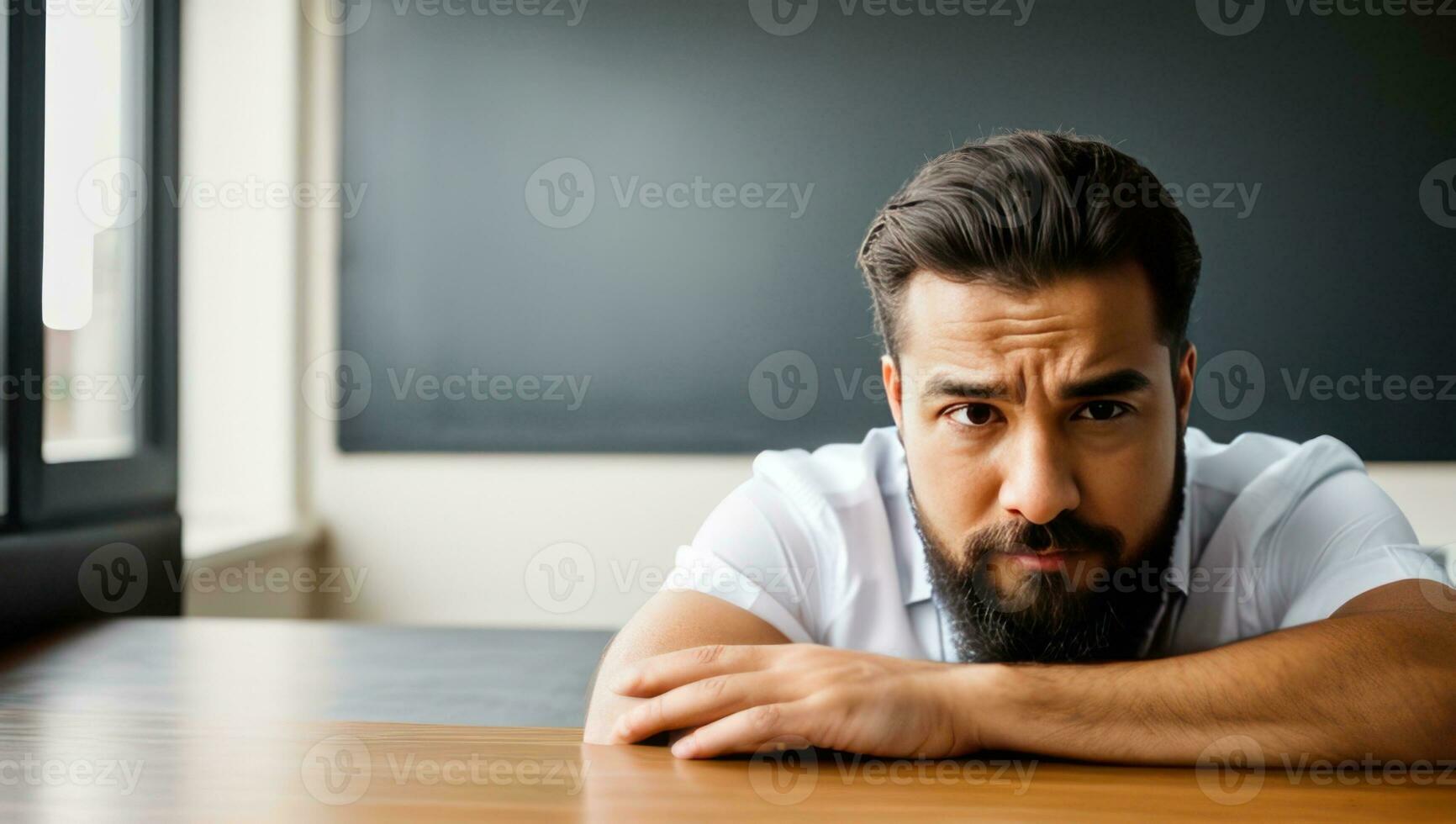 Sad man sit at table, touch forehead feels confused has business or computer problems. Bad news problems concept. Bad news concept. Generative AI photo