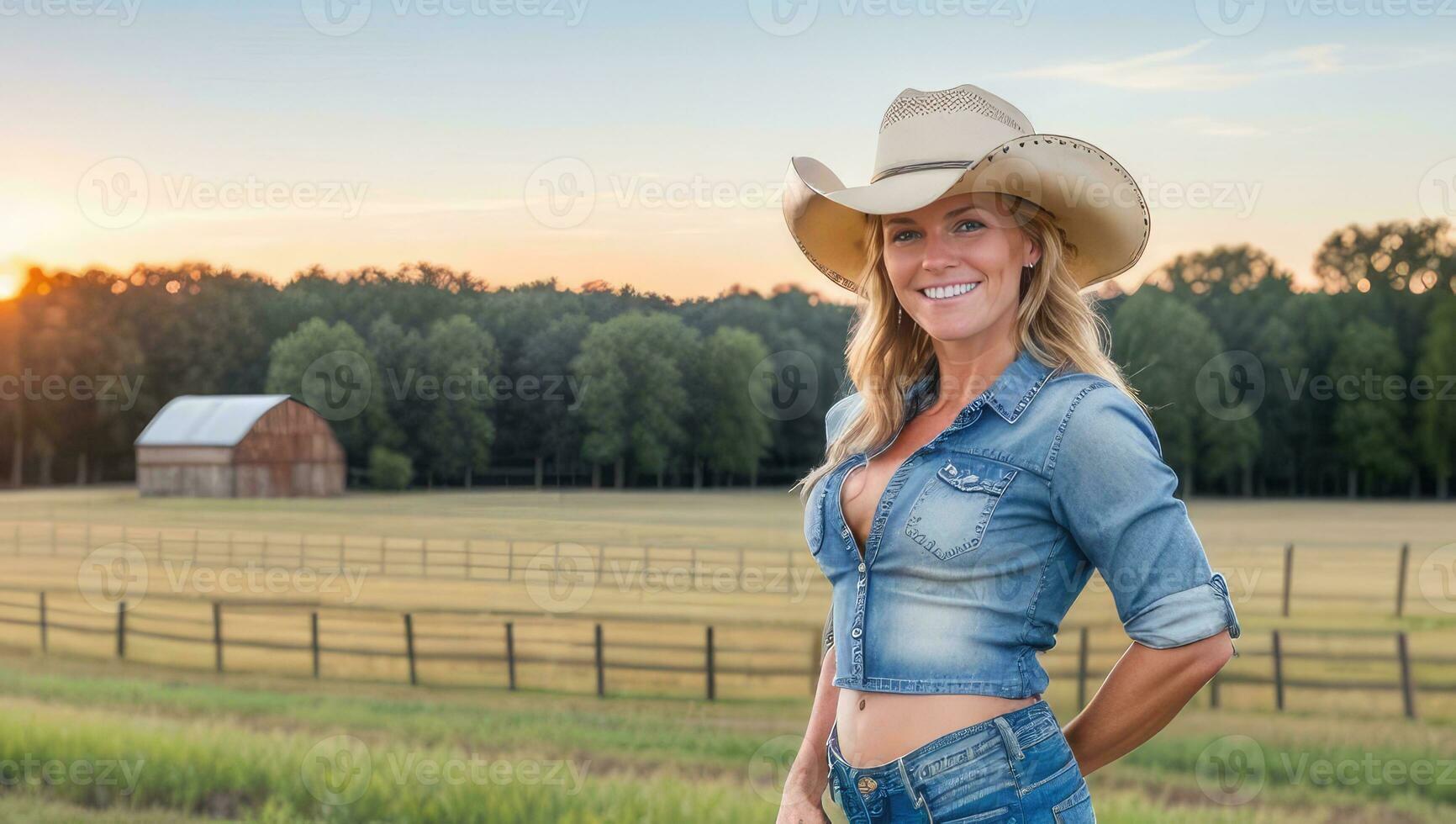 sonriente mujer granjero en un vaquero sombrero y con mezclilla pantalones parte superior a agrícola granja campo. generativo ai foto