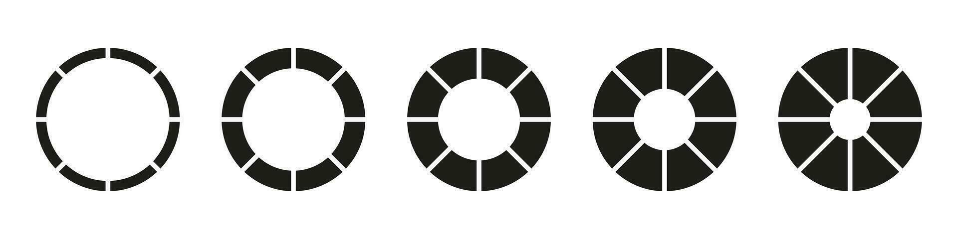 Wheels round divided in twelve sections. Donut charts or pies segmented on 8 equal parts. Geometric element. Diagrams infographic set. Circle section graph. Pie chart icons. Vector illustration.