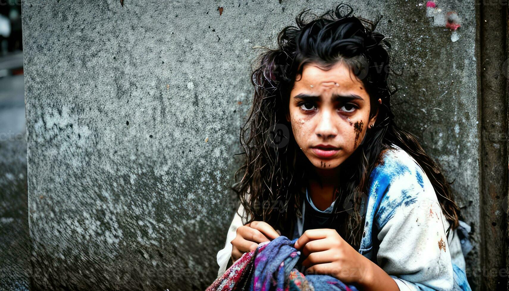 Portrait of homeless young girl is sitting on the road of abandoned wet street, suffering from crisis, poverty, loneliness. Cinematic view. Generative AI photo