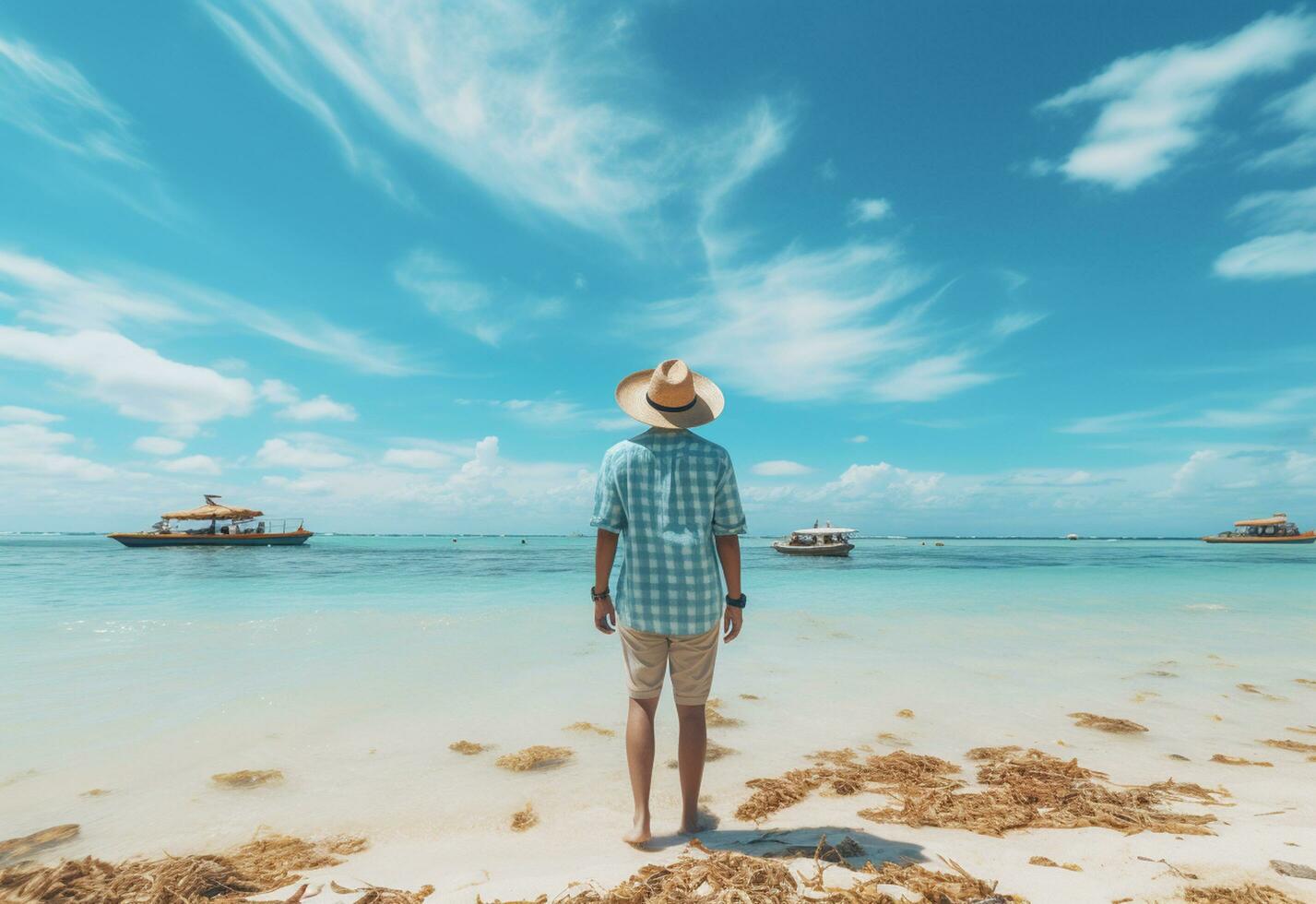 Ai generative back view young tourist man in summer dress and hat standing on beautiful sandy beach. enjoying. photo