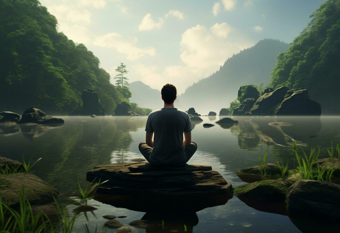 ai generative photo of a man practicing mindfulness and meditation in a peaceful natural environment sony A7s realistic image, ultra hd, high design very detailed