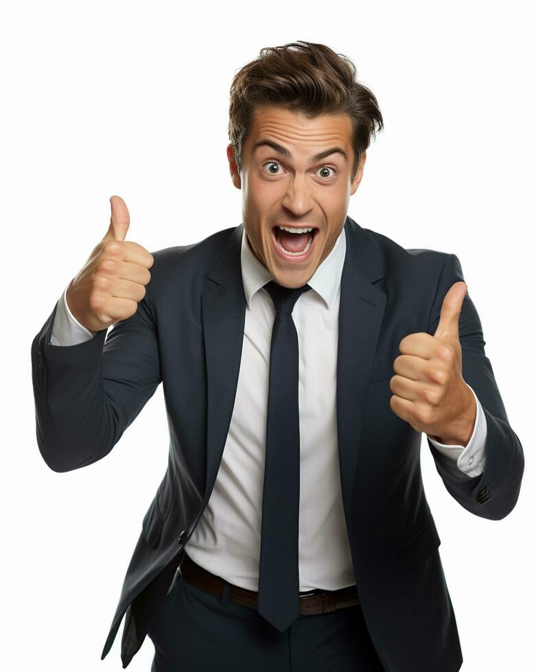 Ai generative photo business concept portrait of excited man dressed in formal wear giving thumbs up