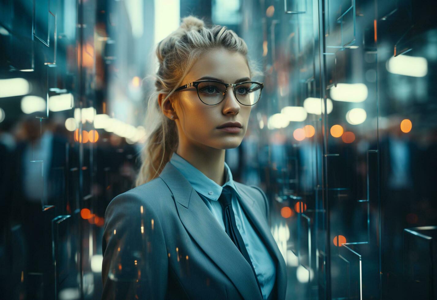 Ai generative Double Exposure of a Business women in the Cityscape Embodies Success and Future Plans realistic photo