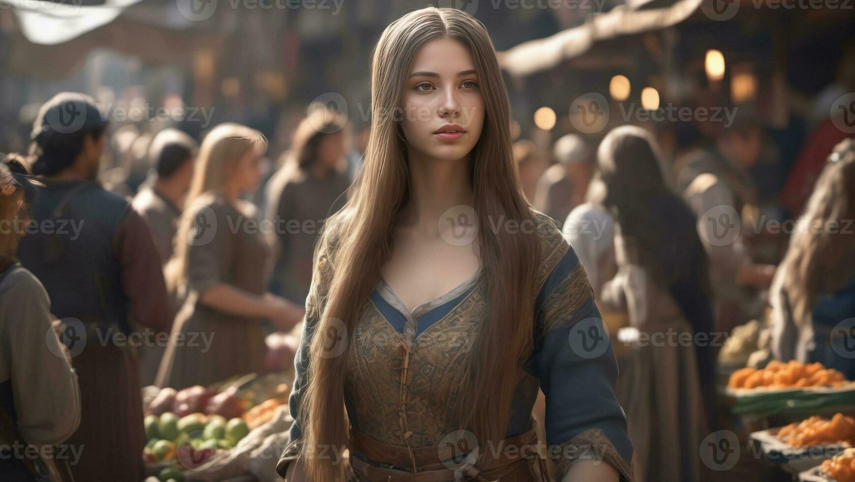 Medieval girl with long hair at the grocery market. Digital art. Generative AI photo