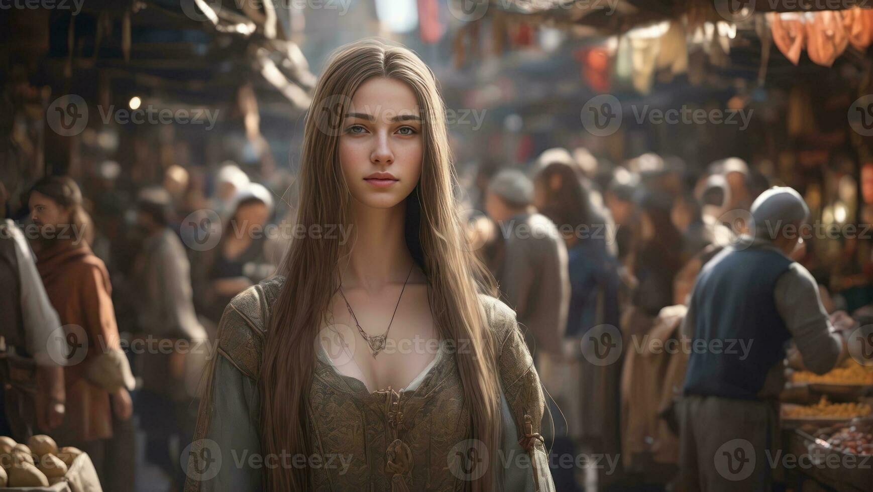 Medieval girl with long hair at the grocery market. Digital art. Generative AI photo