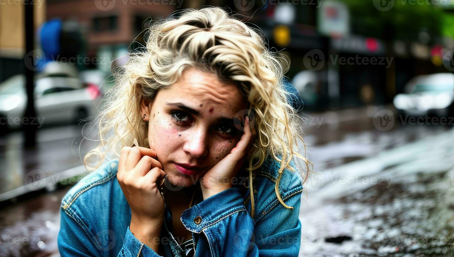 Portrait of homeless young girl is sitting on the road of abandoned wet street, suffering from crisis, poverty, loneliness. Cinematic view. Generative AI photo