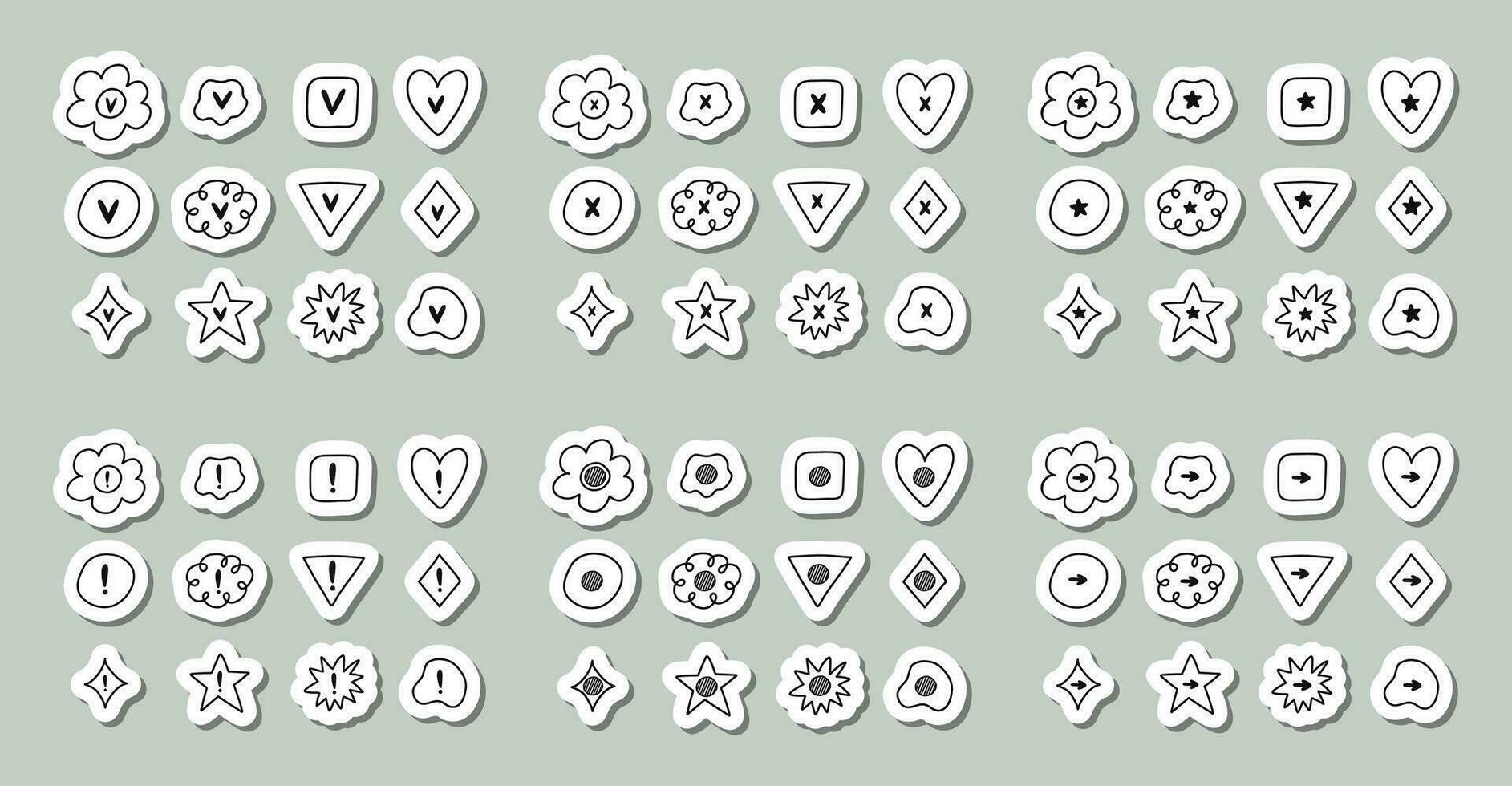 Cute hand drawn sticker set of check and cross mark set with checkboxes in the shape of flower, star, heart, circle, cloud. V, X, yes, no, ok, arrow, exclamation point, star sign for bullet journal vector