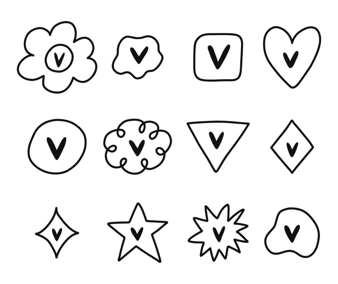 Cute hand drawn check mark set. Diary note elements with checkboxes in the shape of flower, star, heart, circle, cloud. Tick V, yes, ok sign for week planner, bullet journal, notebook template vector