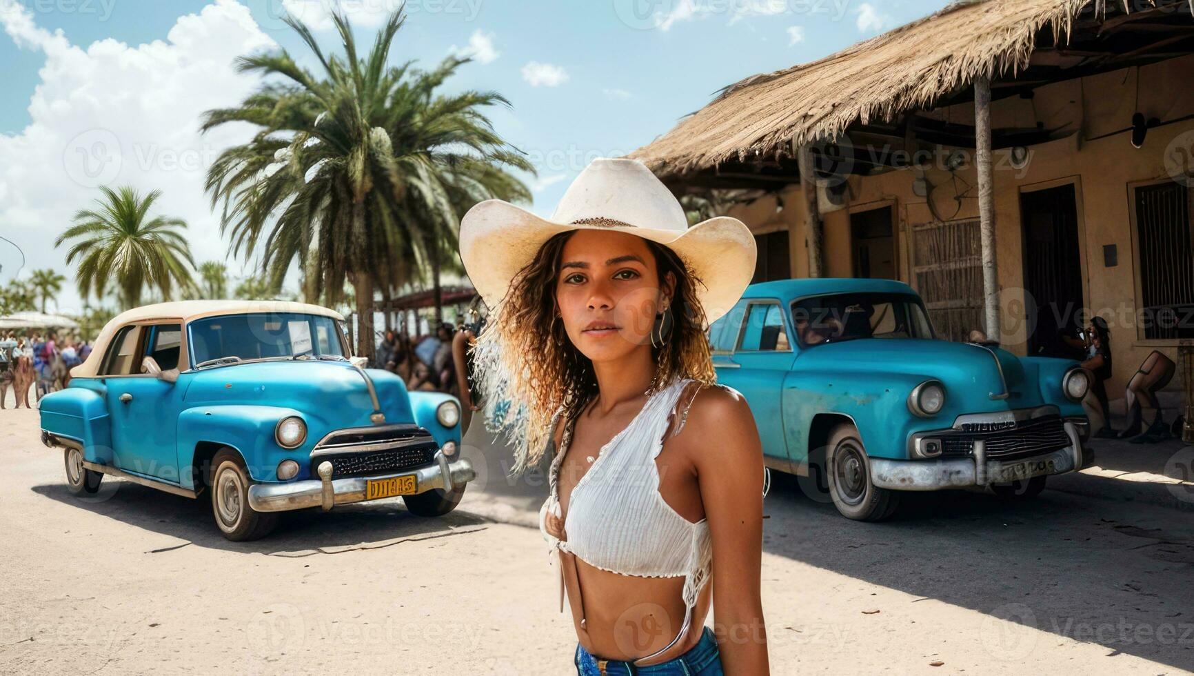Cuban girl in hat and white top standing outside in front of an old cars, house and palms. Generative AI photo