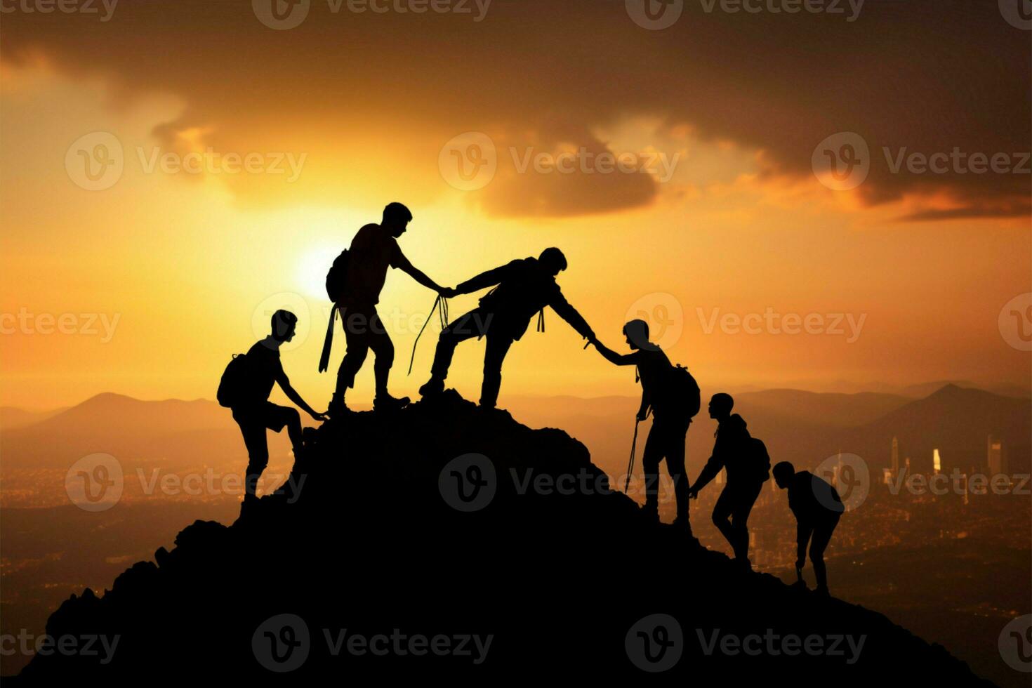 Silhouetted figures exemplify achievement through teamwork and mutual assistance AI Generated photo