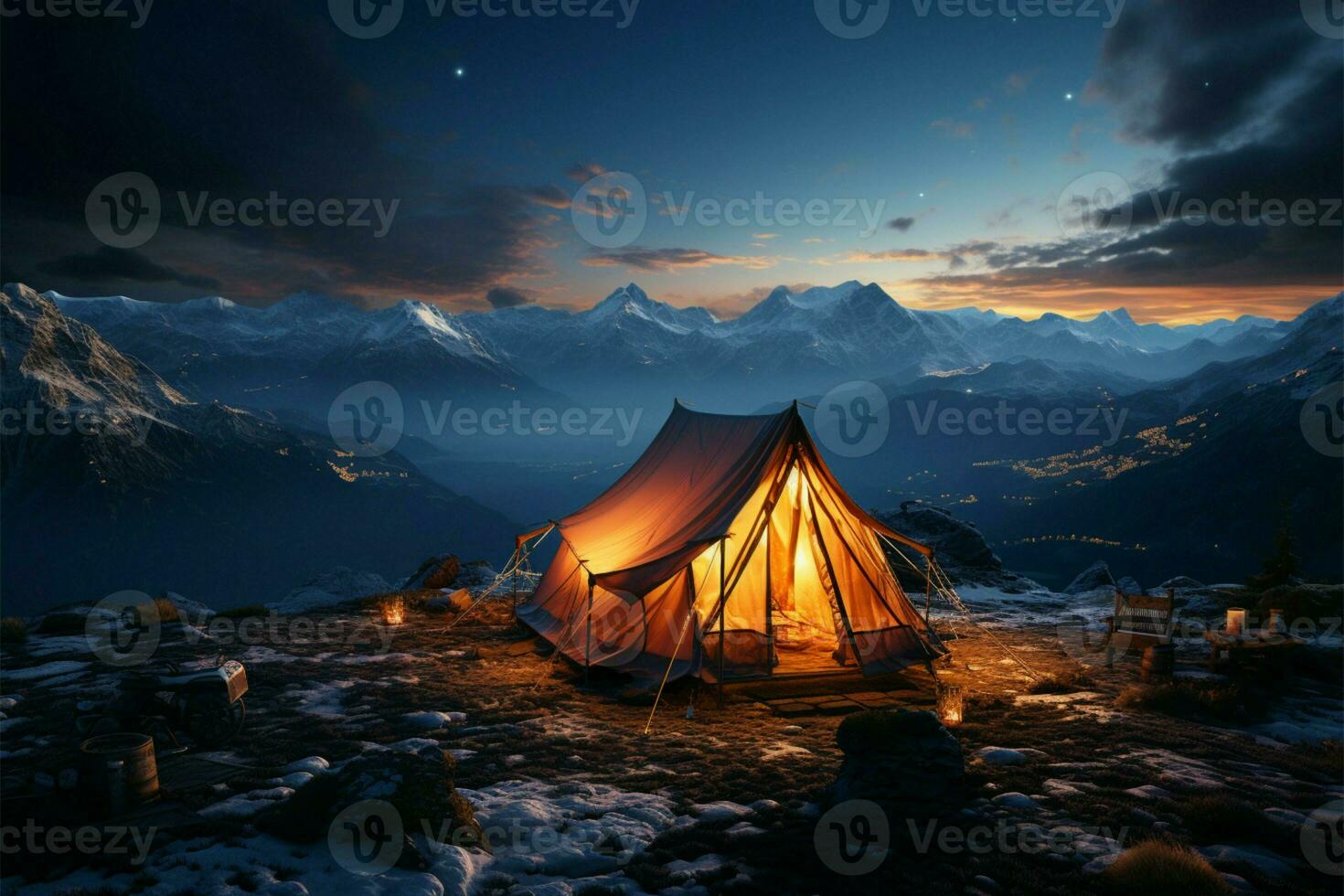 Mountainside tent aglow in the tranquil evening or early morning AI Generated photo