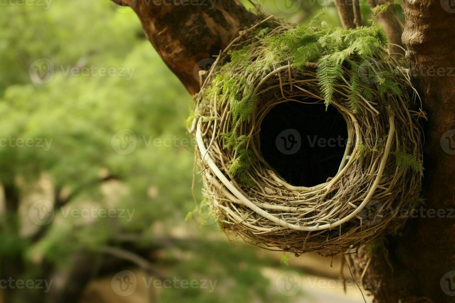 árbol refugios un aves nido, un testamento a aviar artesanía ai generado foto