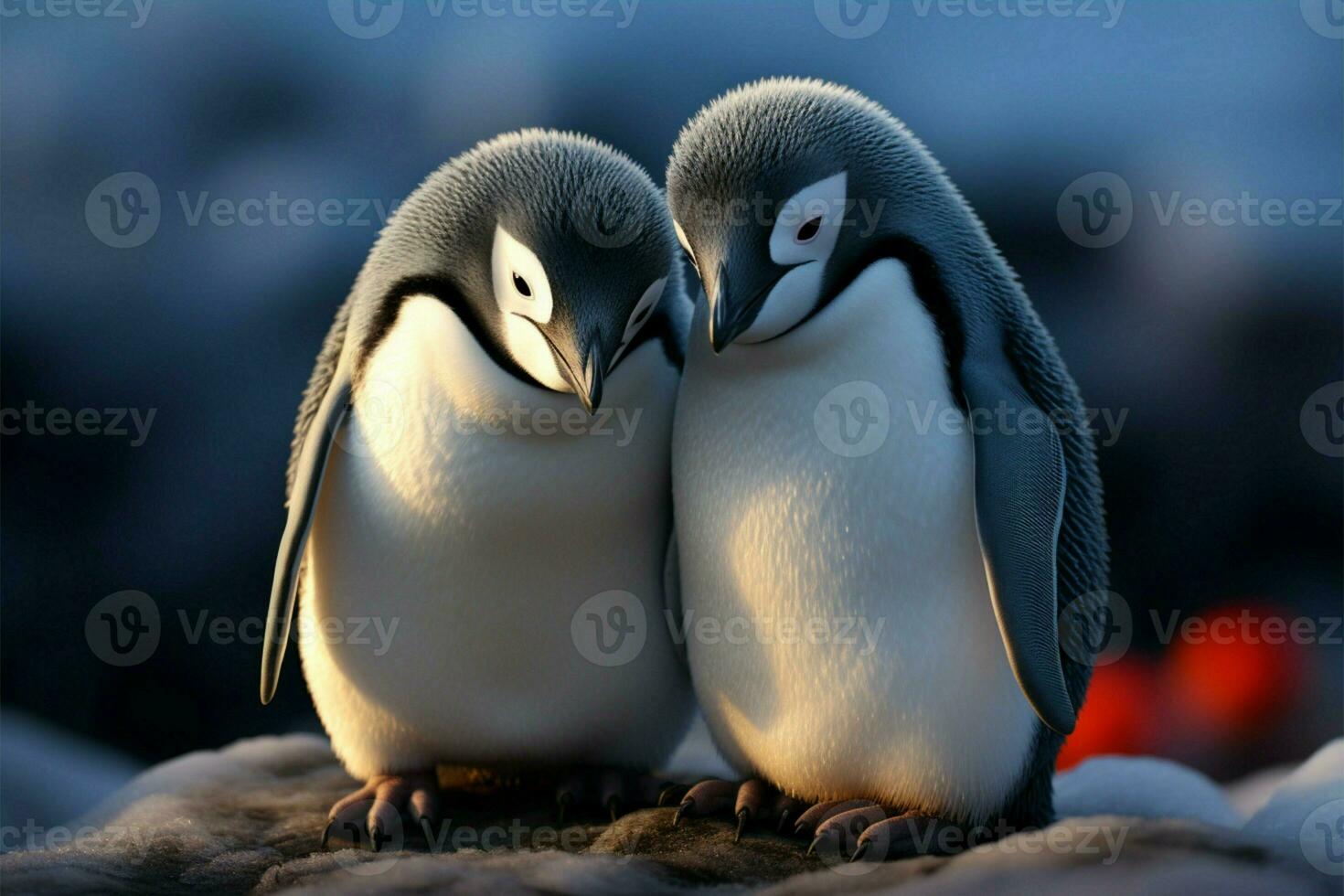 Feb 14 delight, penguin couples love captured on a postcard AI Generated photo