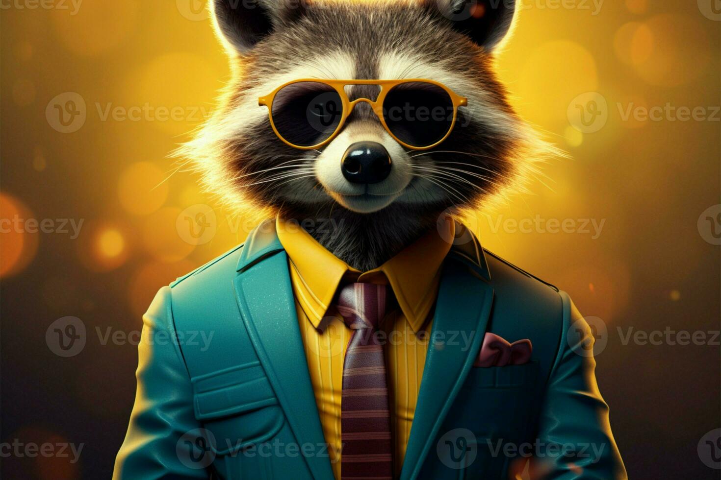 Raccoon in vintage cartoon style, dons blue suit, tie, large glasses AI Generated photo