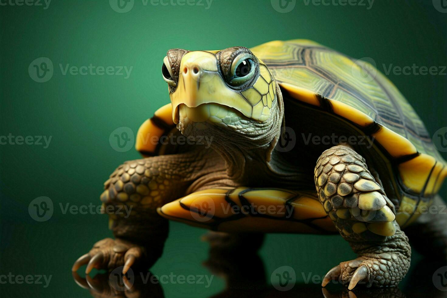 High res image of a cute green turtle, symbolizing wisdom, on a red background AI Generated photo