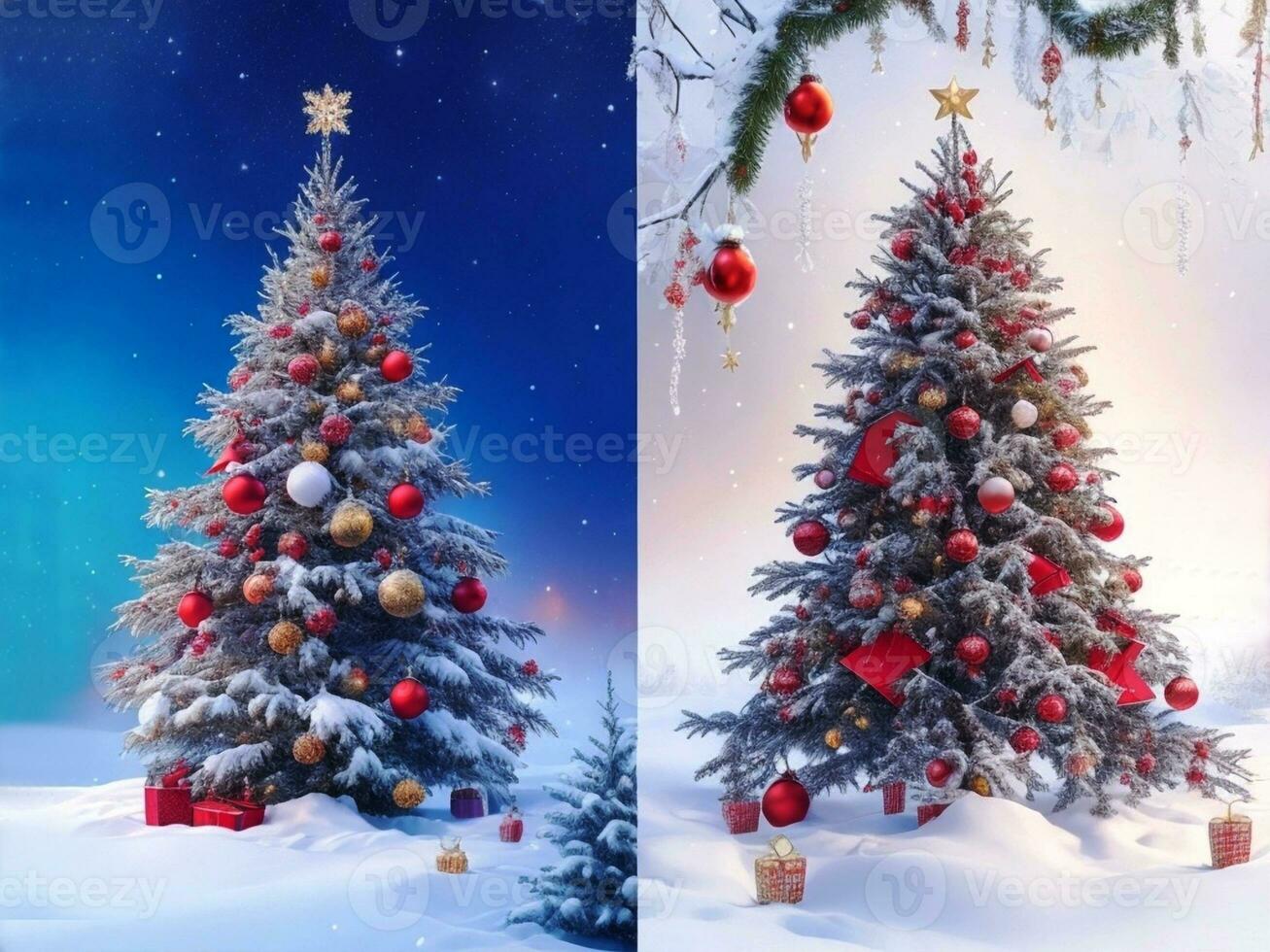 Vibrant and Festive Christmas Cards with Beautifully Decorated Trees Generative AI photo