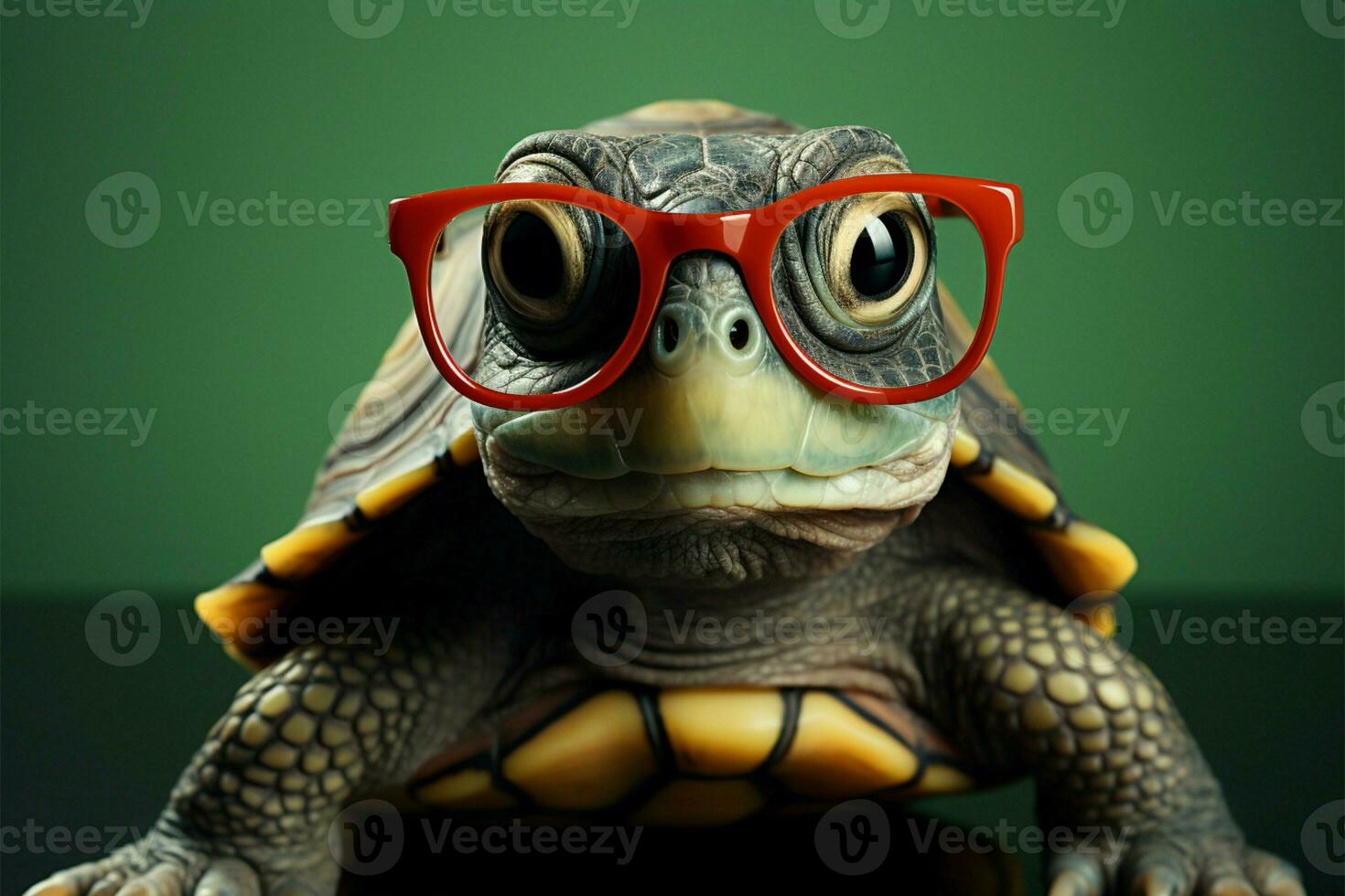 Little green turtle wears glasses, fronting red wallpaper cute, wise, humorous AI Generated photo
