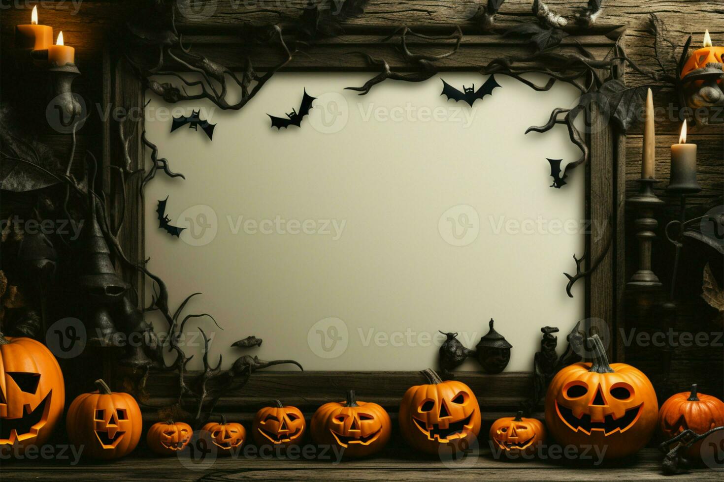 Spooky frame for Halloween night, featuring bats and jack o lanterns AI Generated photo