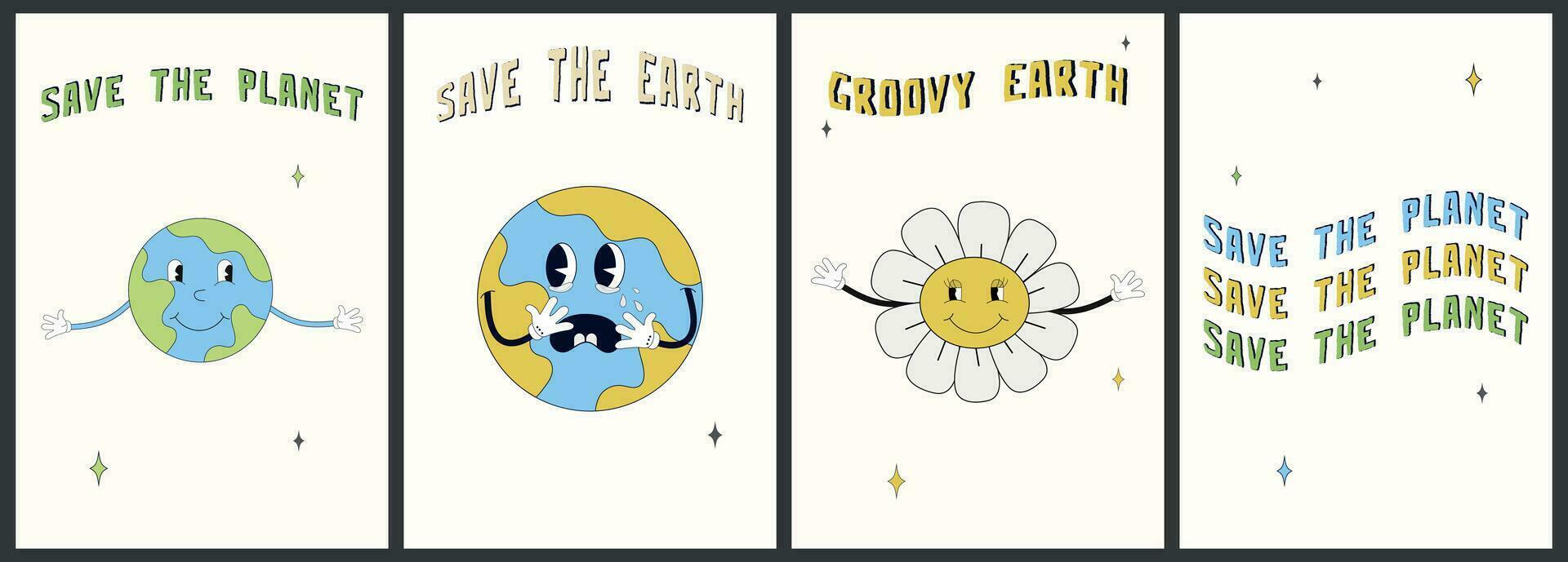 Retro groovy cartoon style earth planet.Earth Day. Save the Earth. Concept of World Environment Day in retro style. 70s.World Environment Day. Cartoon cute earth planet character.Clipart vector