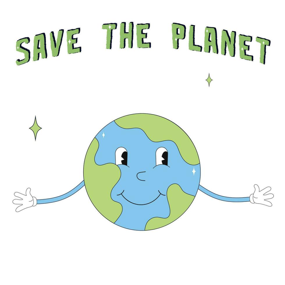 retro maravilloso dibujos animados estilo tierra planeta Tierra día. salvar el tierra. dibujos animados linda tierra planeta personaje. concepto de mundo ambiente día en retro estilo. 70s.world ambiente día vector