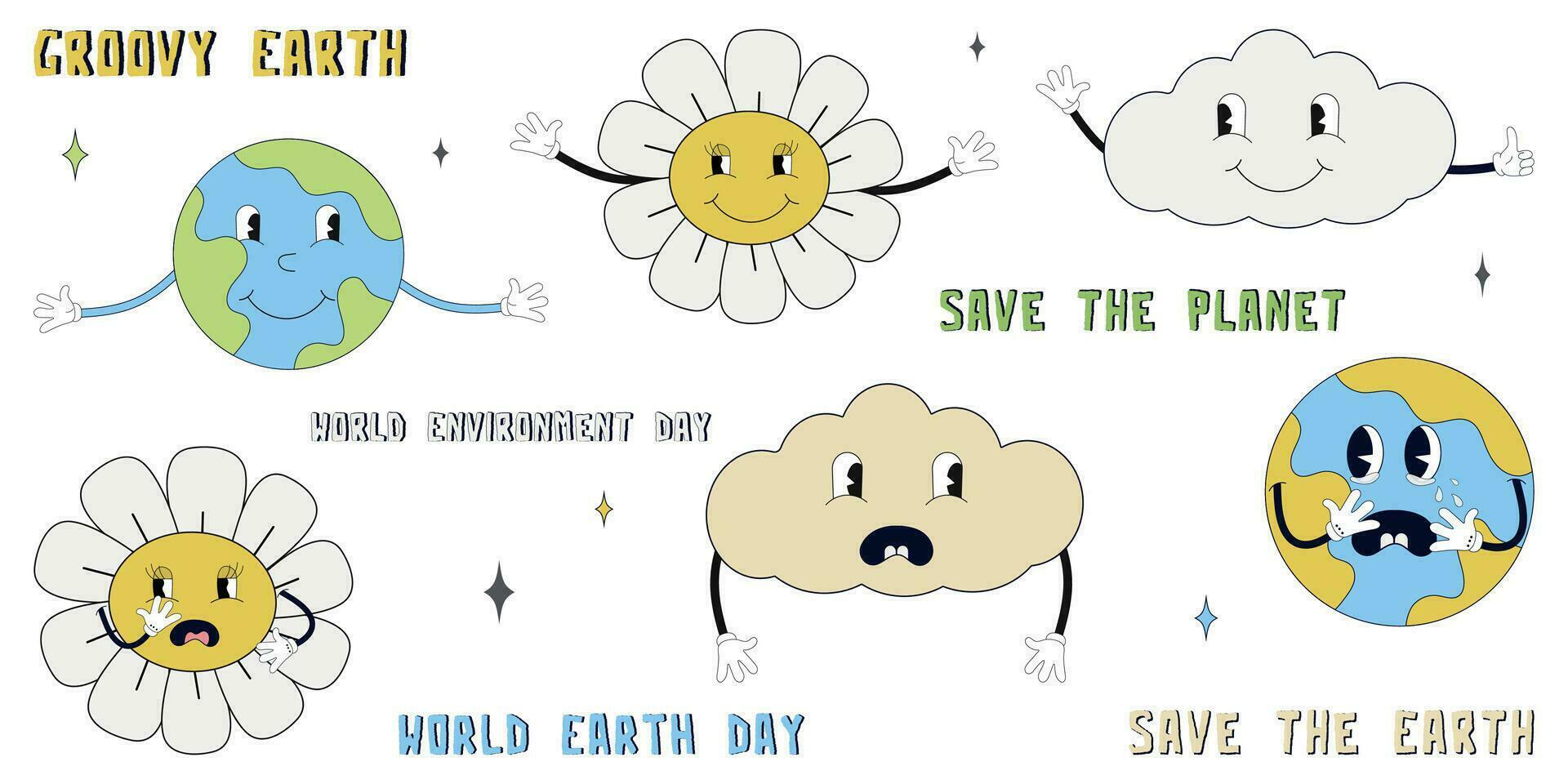 Retro groovy cartoon style earth planet.Earth Day. Save the Earth. Concept of World Environment Day in retro style. 70s.World Environment Day. Cartoon cute earth planet character.Clipart. vector