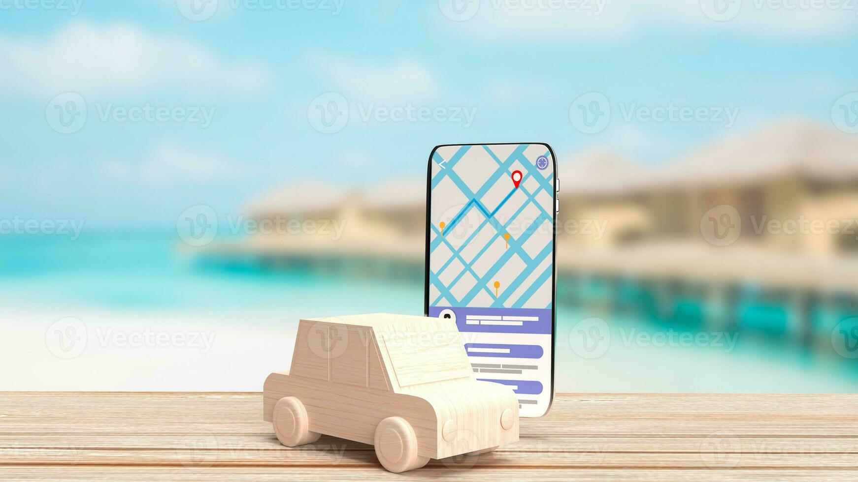 The wood car and mobile for navigator app concept 3d rendering photo