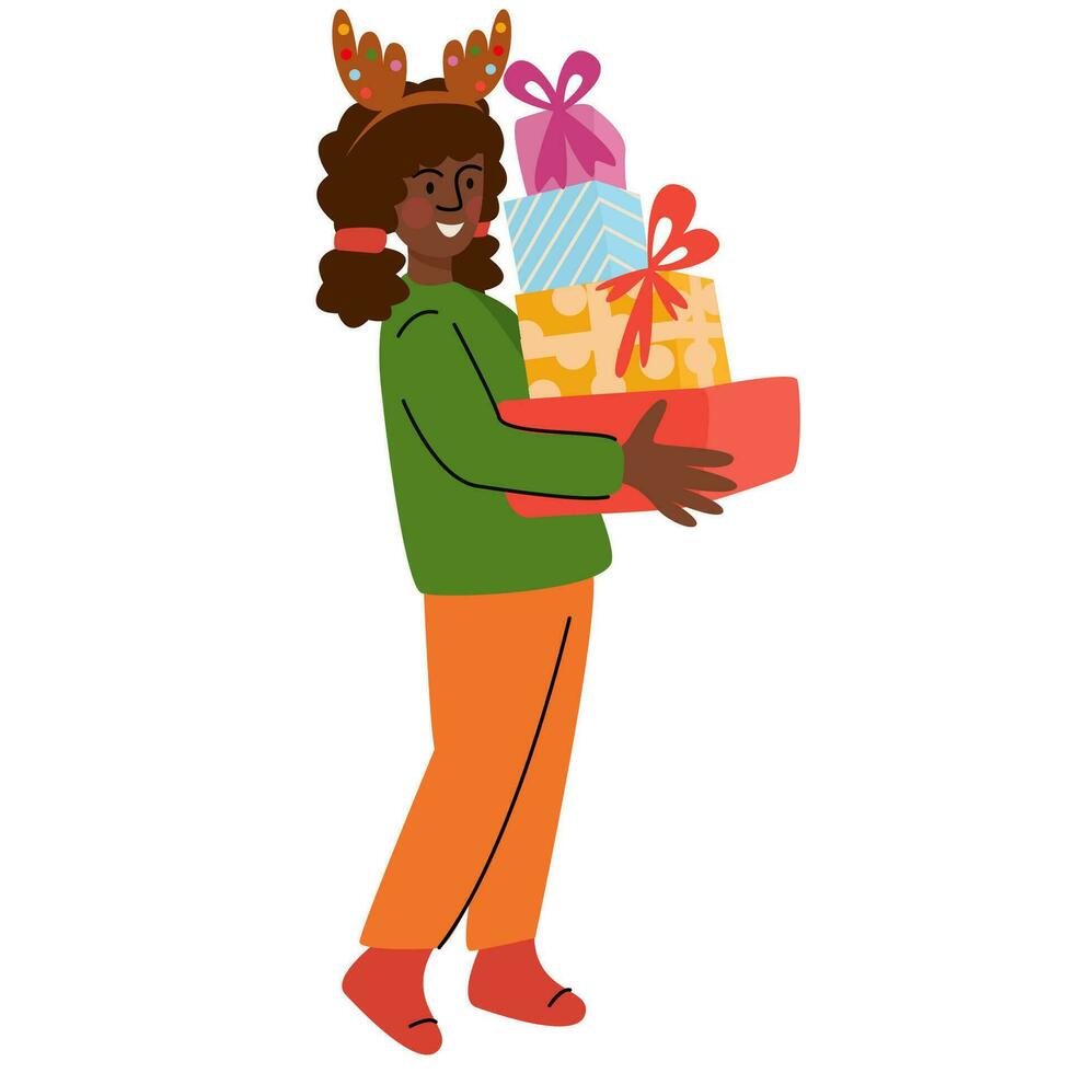 niña participación un pila de regalos en el cajas nuevo año o Navidad celebracion. vector