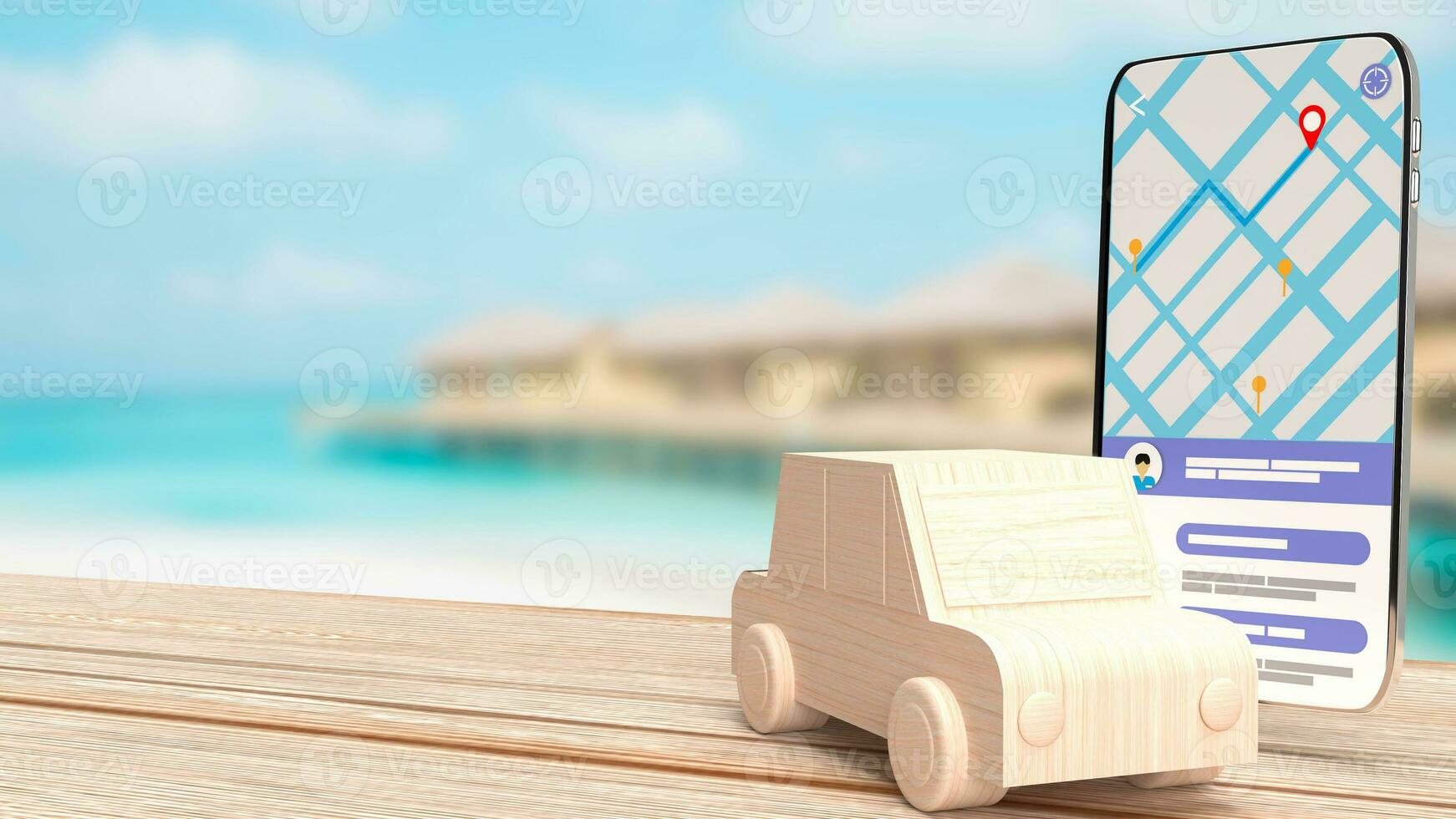 The wood car and mobile for navigator app concept 3d rendering photo