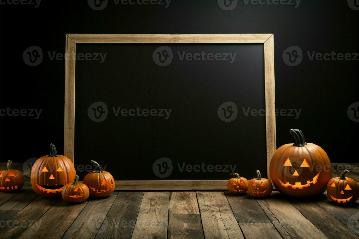 Chalkboard display with Halloween pumpkins, set on a wooden floor AI Generated photo