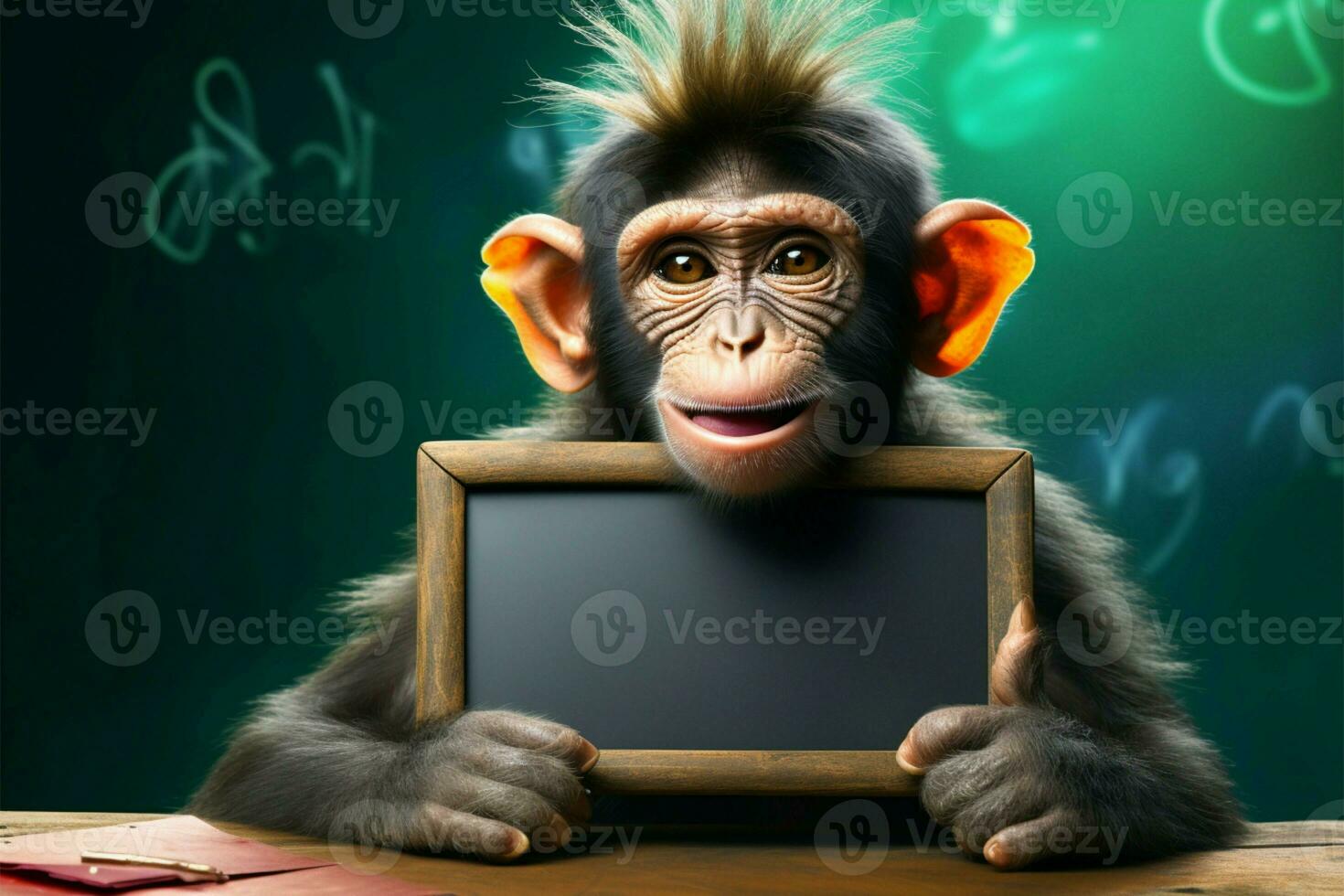 Monkey artist holds a chalkboard, showcasing artistic talents with a smile AI Generated photo