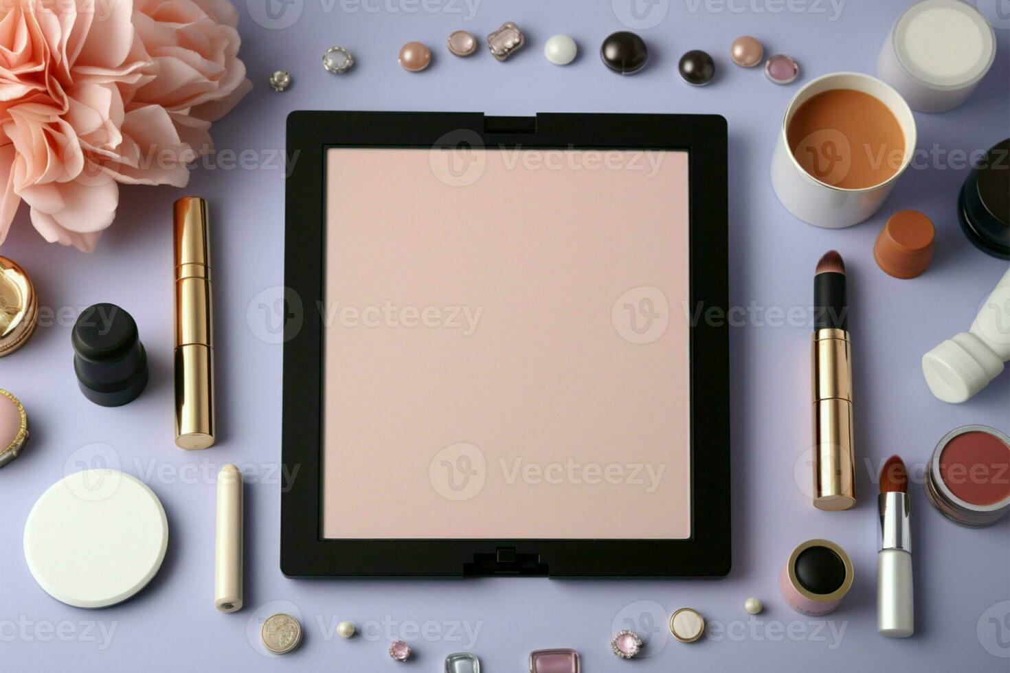 Cosmetics encircle a tablet with a pristine white screen, beauty tech AI Generated photo