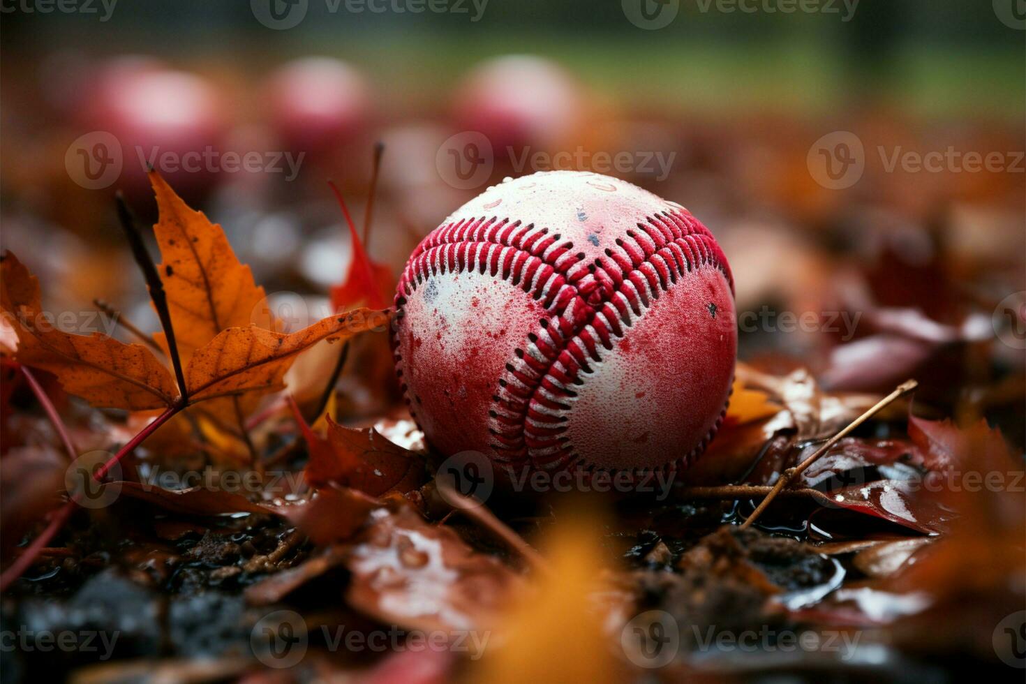 béisbol descansa en medio de otoño hojas en lluvia canal, mezcla Deportes con estacional belleza ai generado foto