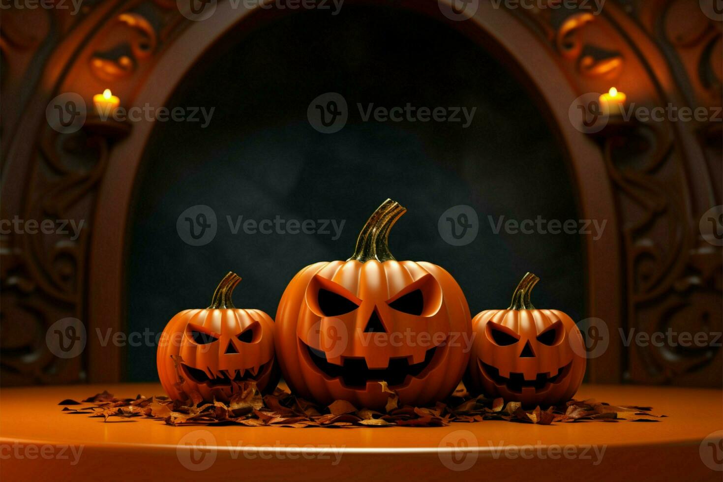 Halloween themed product display 3D rendered jack o lantern pumpkin on abstract podium AI Generated photo