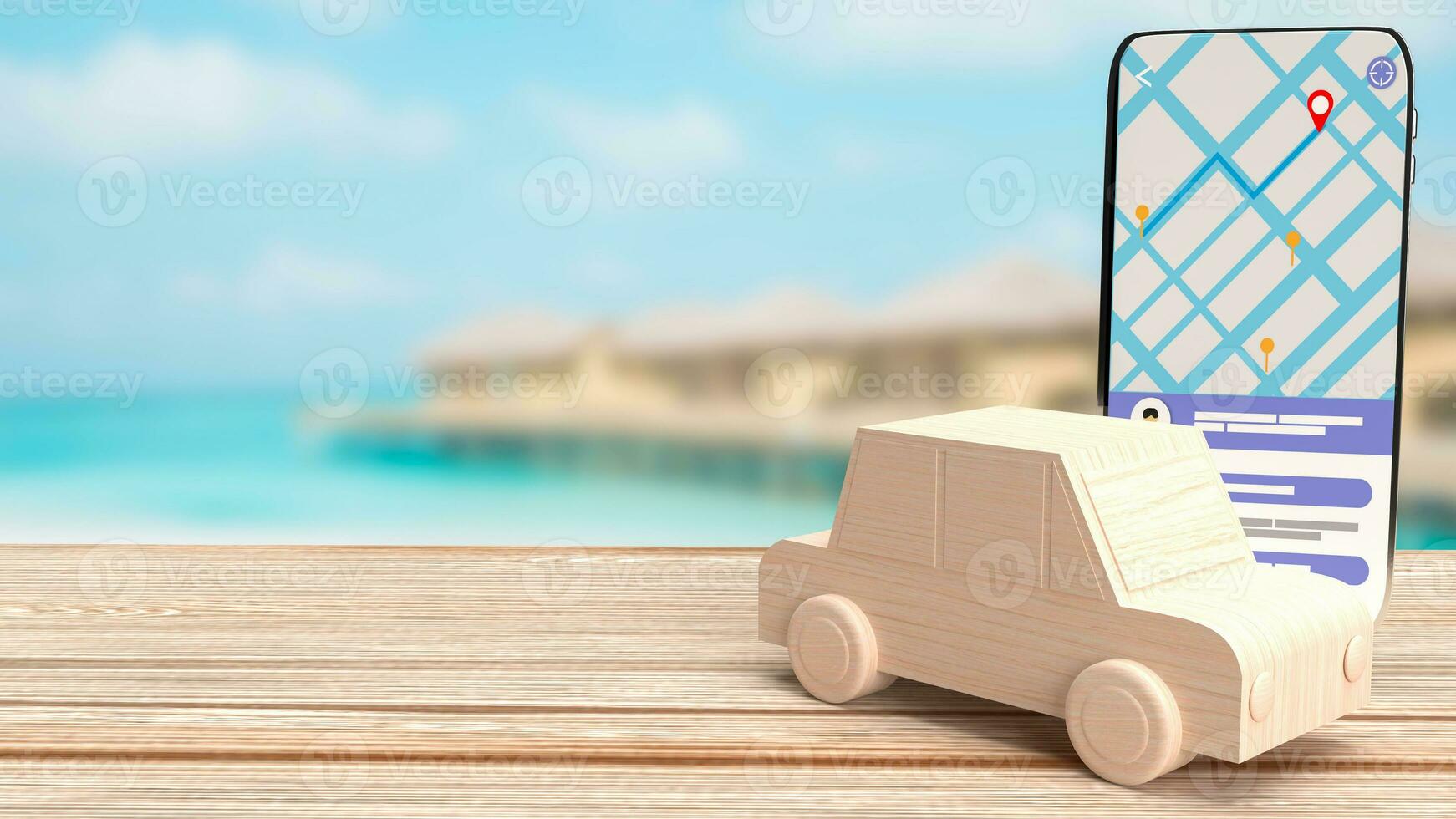 The wood car and mobile for navigator app concept 3d rendering photo