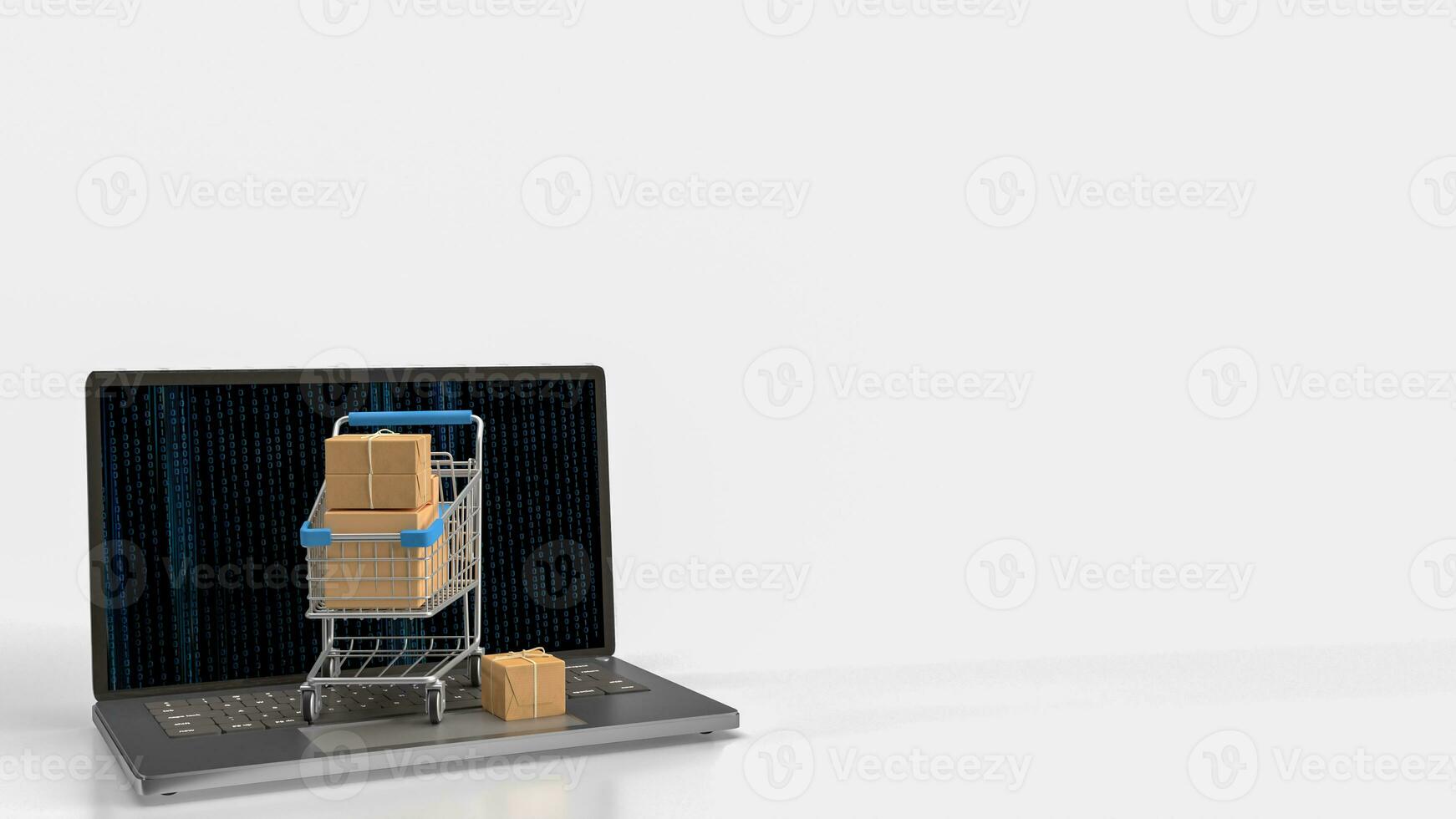 The trolley and box on notebook for e commerces concept 3d rendering photo