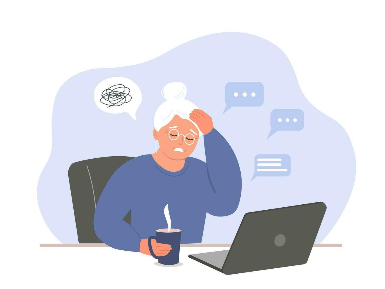 un mayor mujer se sienta a un computadora portátil, trabajo independiente, estudiando, comunicado. el antiguo dama tiene problemas, dificultades, estrés con trabajando en línea. vector plano gráficos.