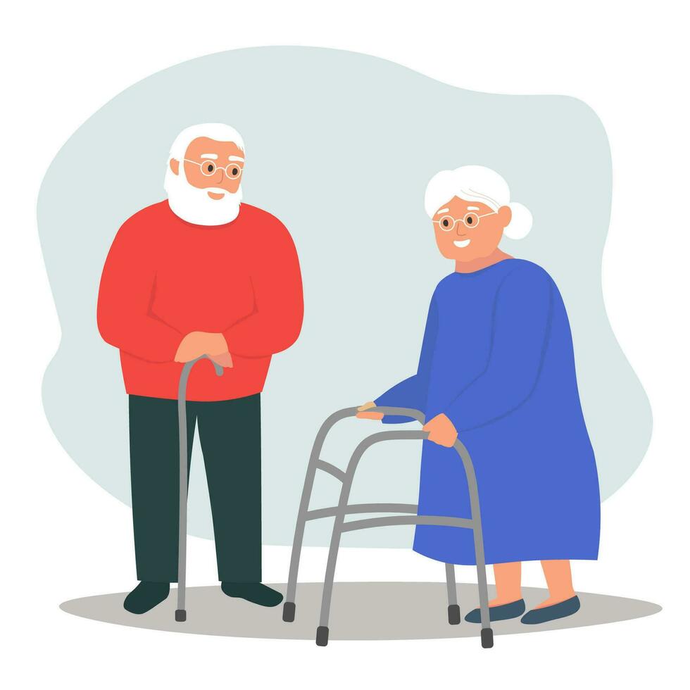 A couple of elderly people with mobility difficulties. Older pensioners with walkers and canes are happy and live full lives. Vector flat graphics.