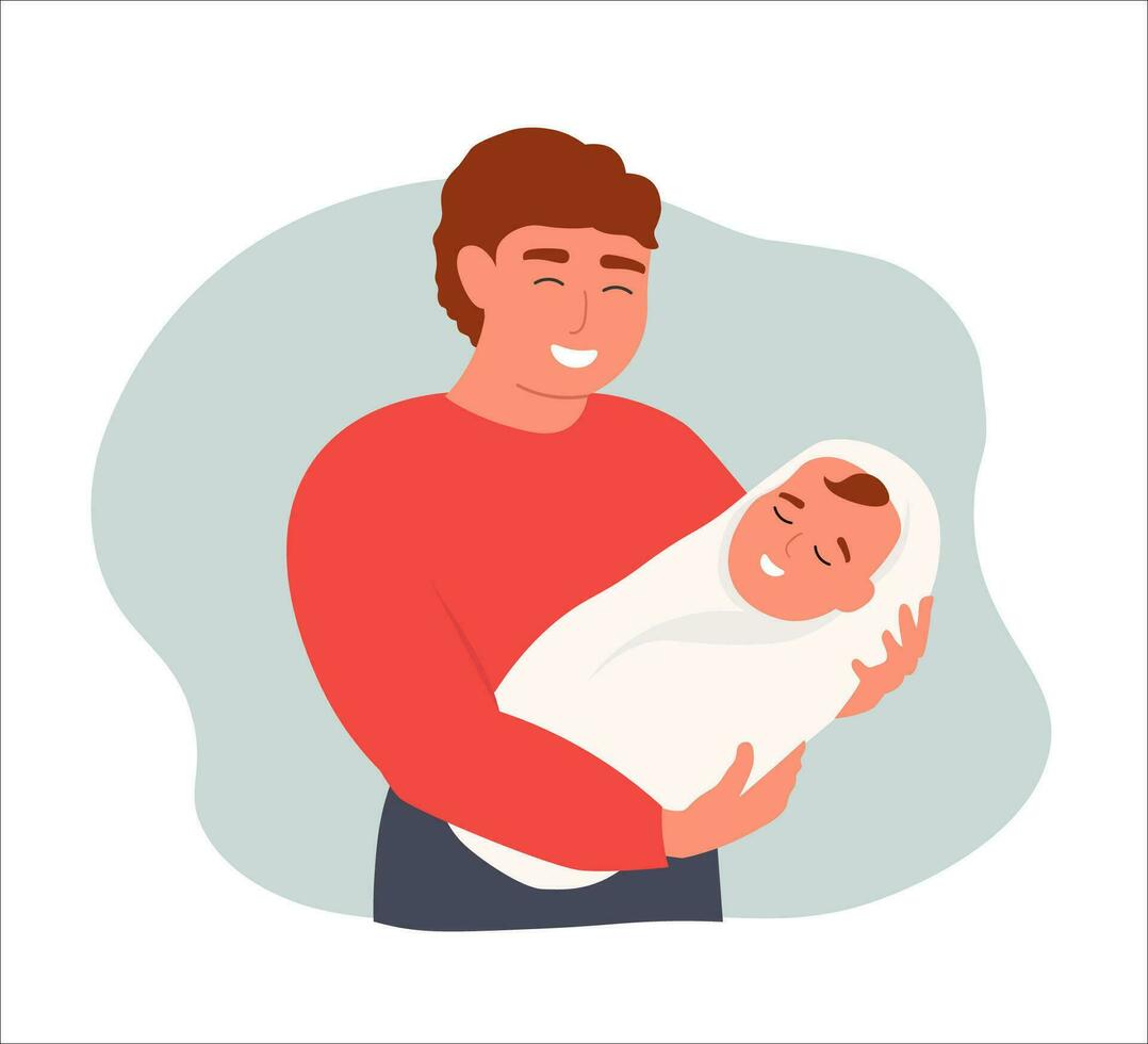 A happy man holds a baby in his arms. Father and child of the same family. Vector flat graphics.